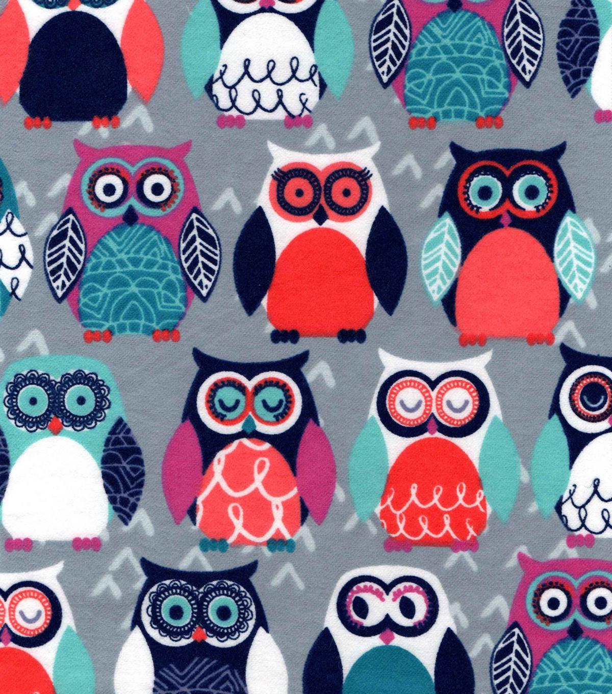 Snuggle Flannel Fabric-Colorful Owls On Gray image 0
